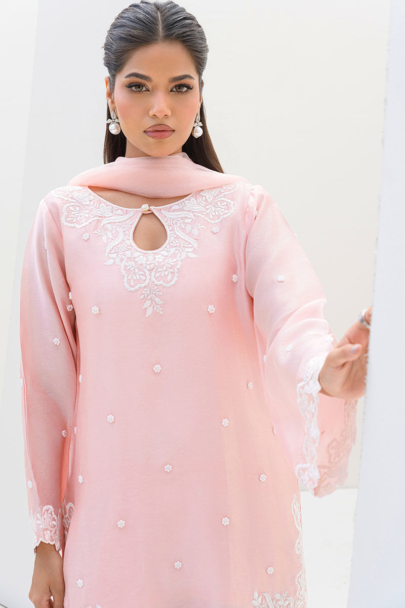 Pakistani Peach Embroidered Sheesha Silk Salwar Kameez (3-Piece) - Image 6