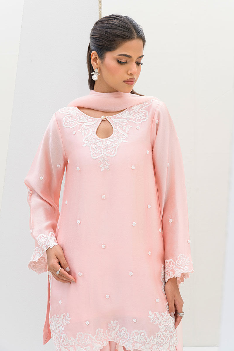 Pakistani Peach Embroidered Sheesha Silk Salwar Kameez (3-Piece) - Image 7