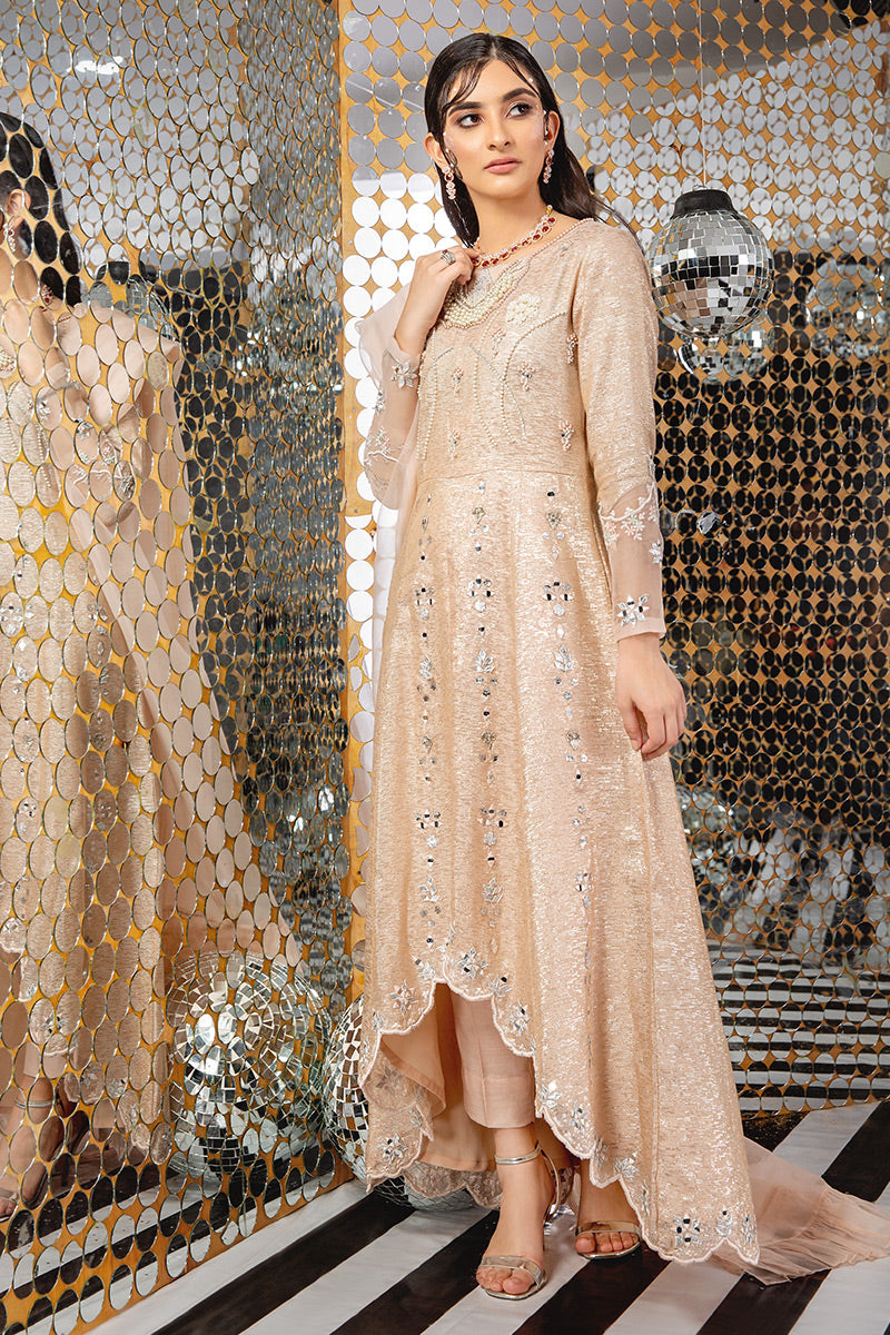 Pakistani Blush Pink Embellished Shimmer Hi-Low Salwar Kameez (3-Piece) - Image 1