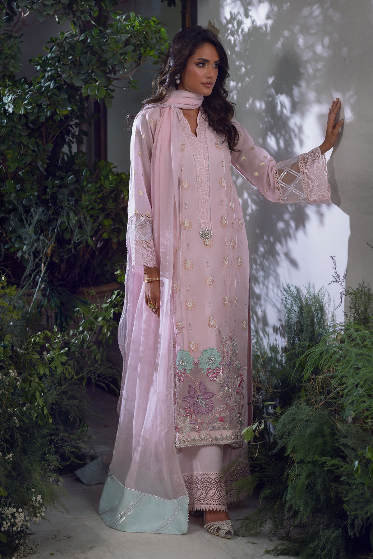 Petal Pink Embroidered Shisha Silk Salwar Kameez (3-Piece) - Image 1