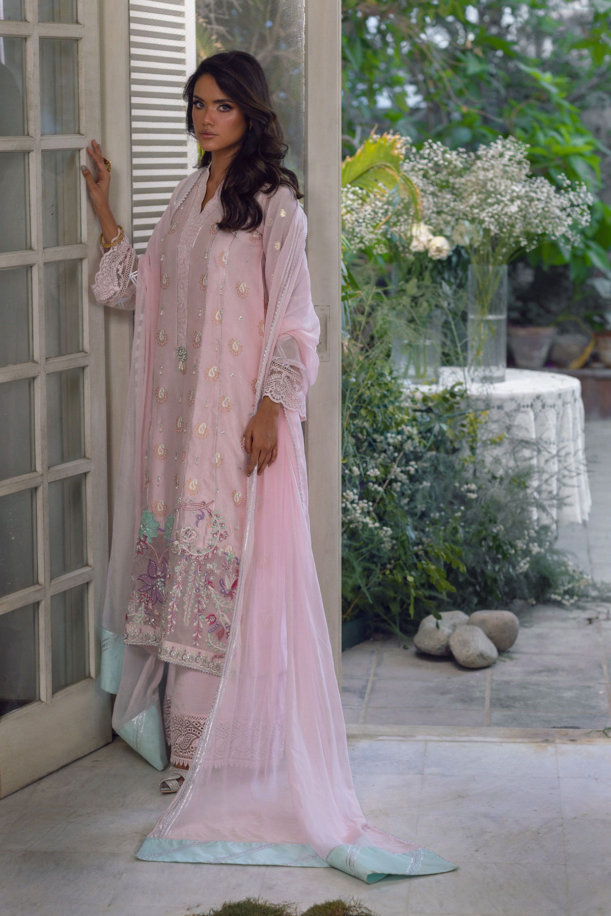 Petal Pink Embroidered Shisha Silk Salwar Kameez (3-Piece) - Image 2