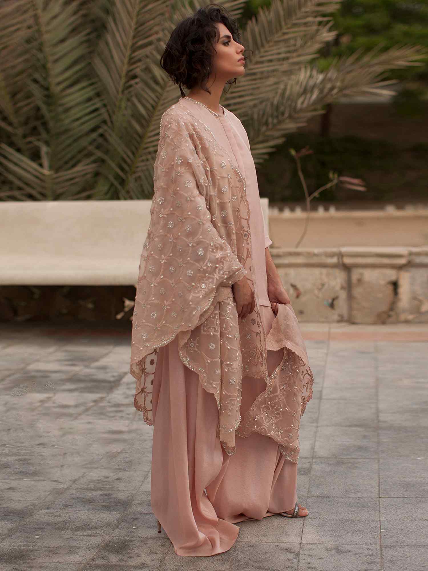 Pakistani Opal Pink Hand-Embroidered Silk Kurti Set (3-Piece) - Image 1