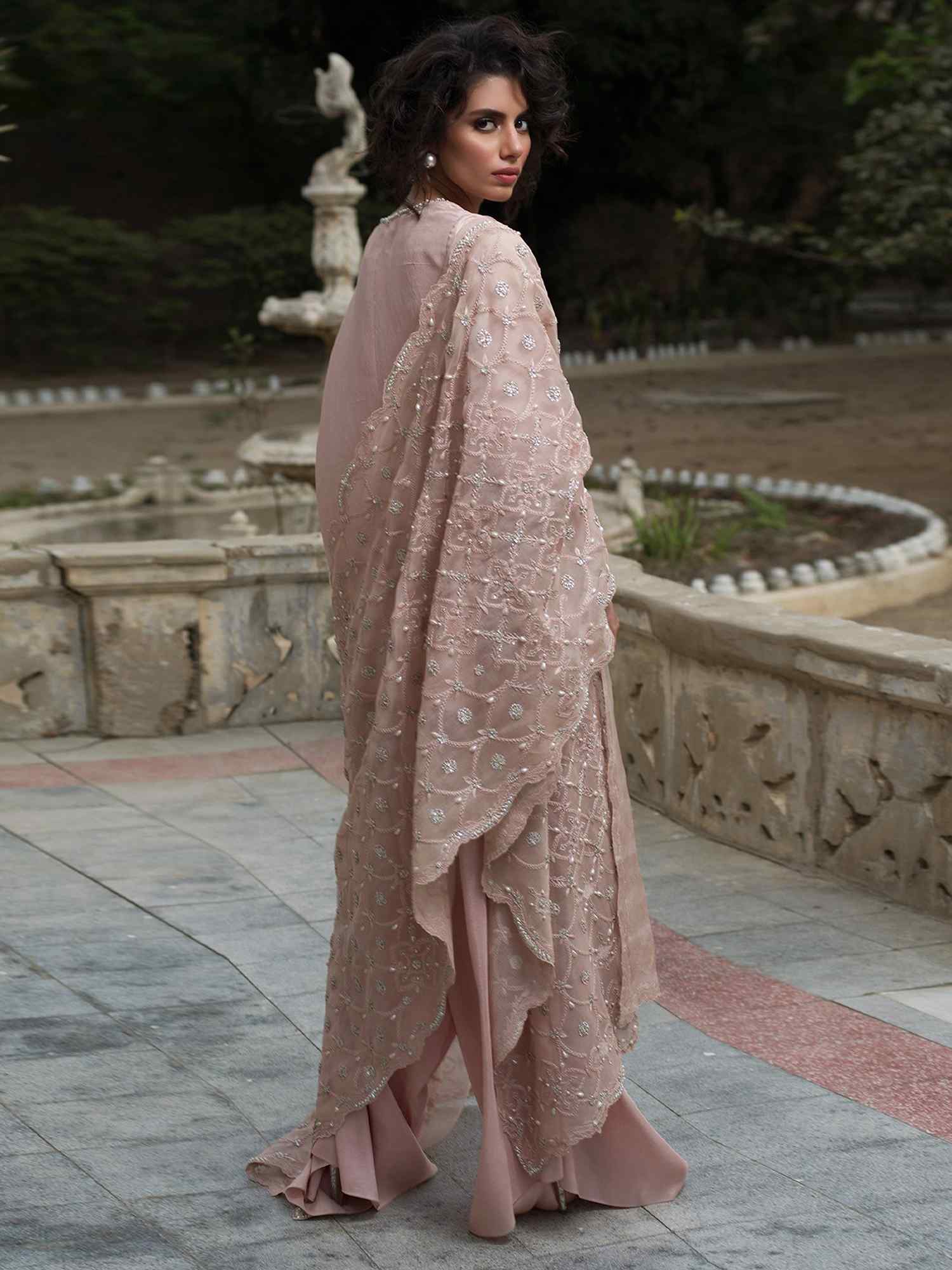 Pakistani Opal Pink Hand-Embroidered Silk Kurti Set (3-Piece) - Image 2