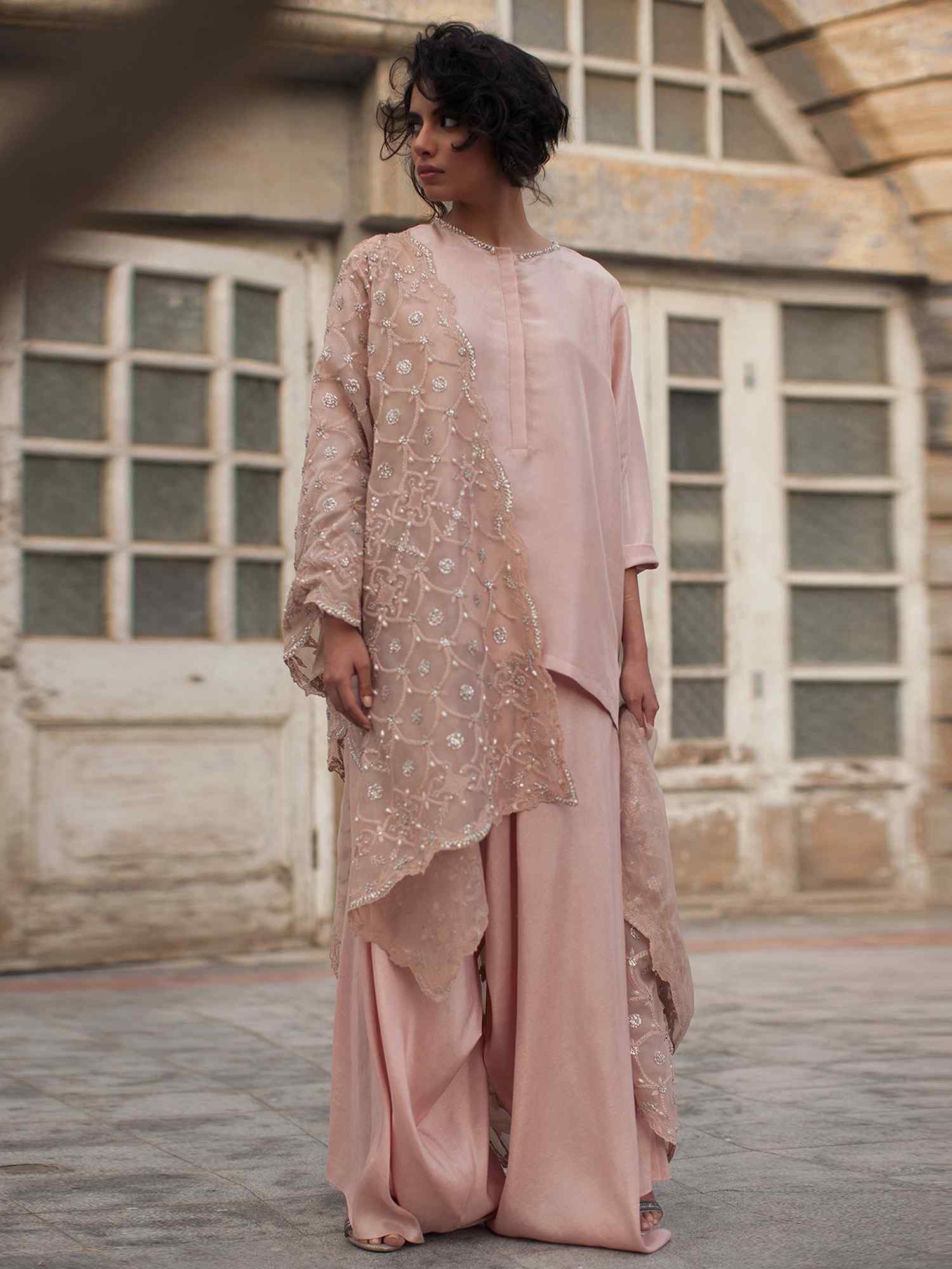 Pakistani Opal Pink Hand-Embroidered Silk Kurti Set (3-Piece) - Image 3
