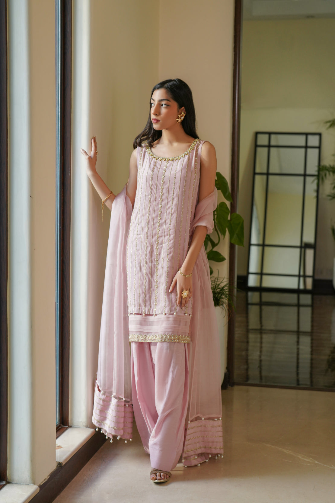 Powder Pink Embellished Silk Salwar Kameez (3-Piece) - Image 1