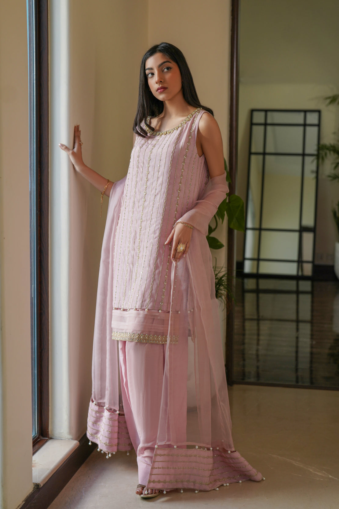 Powder Pink Embellished Silk Salwar Kameez (3-Piece) - Image 2