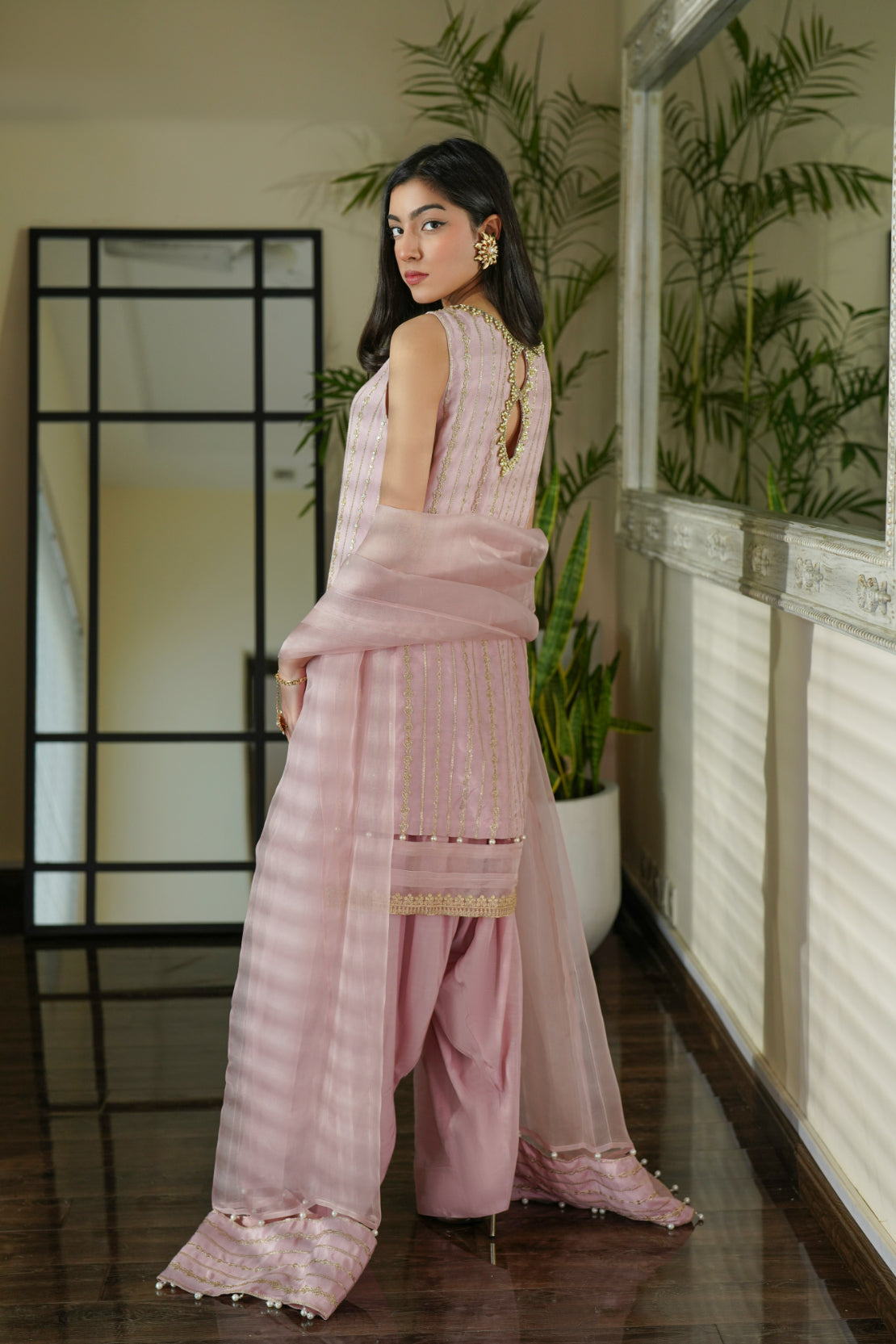 Powder Pink Embellished Silk Salwar Kameez (3-Piece) - Image 3