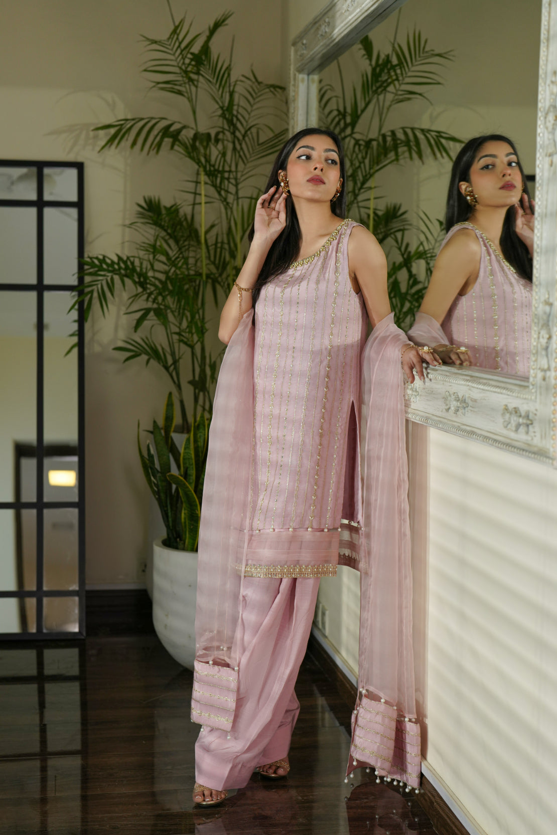 Powder Pink Embellished Silk Salwar Kameez (3-Piece) - Image 5