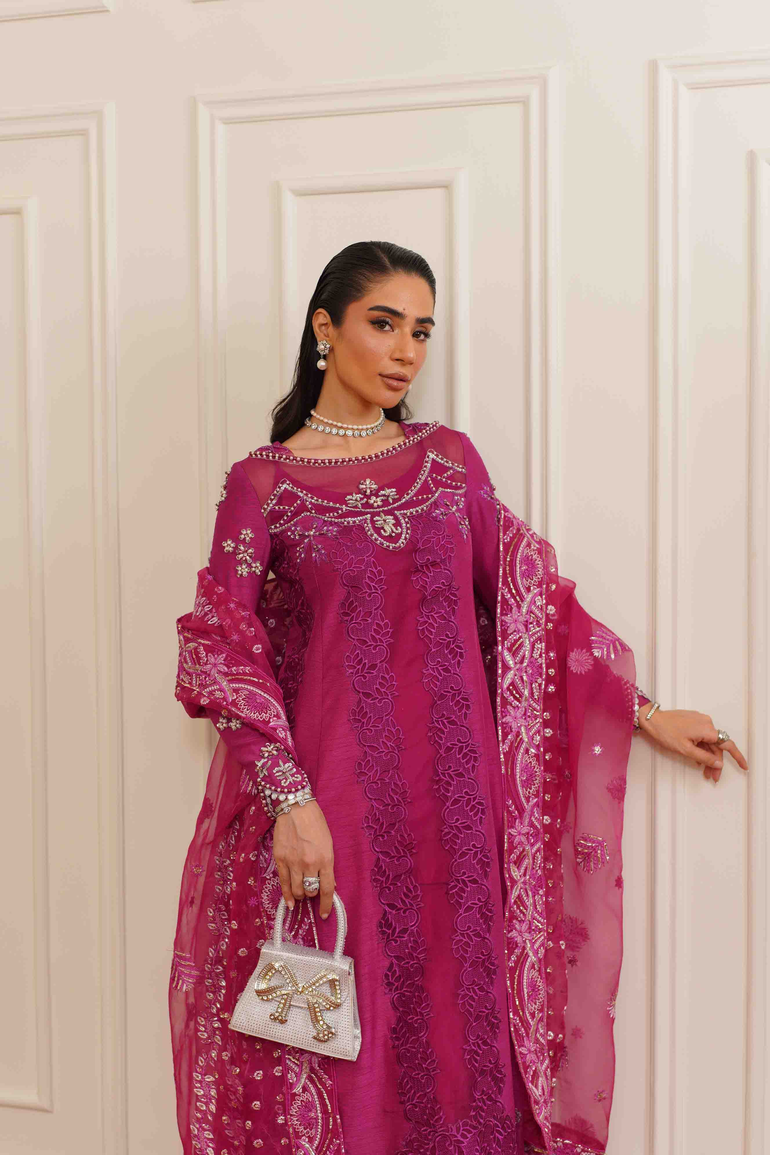 Pakistani Magenta Embroidered Premium Silk Salwar Kameez (3-Piece) - Image 2