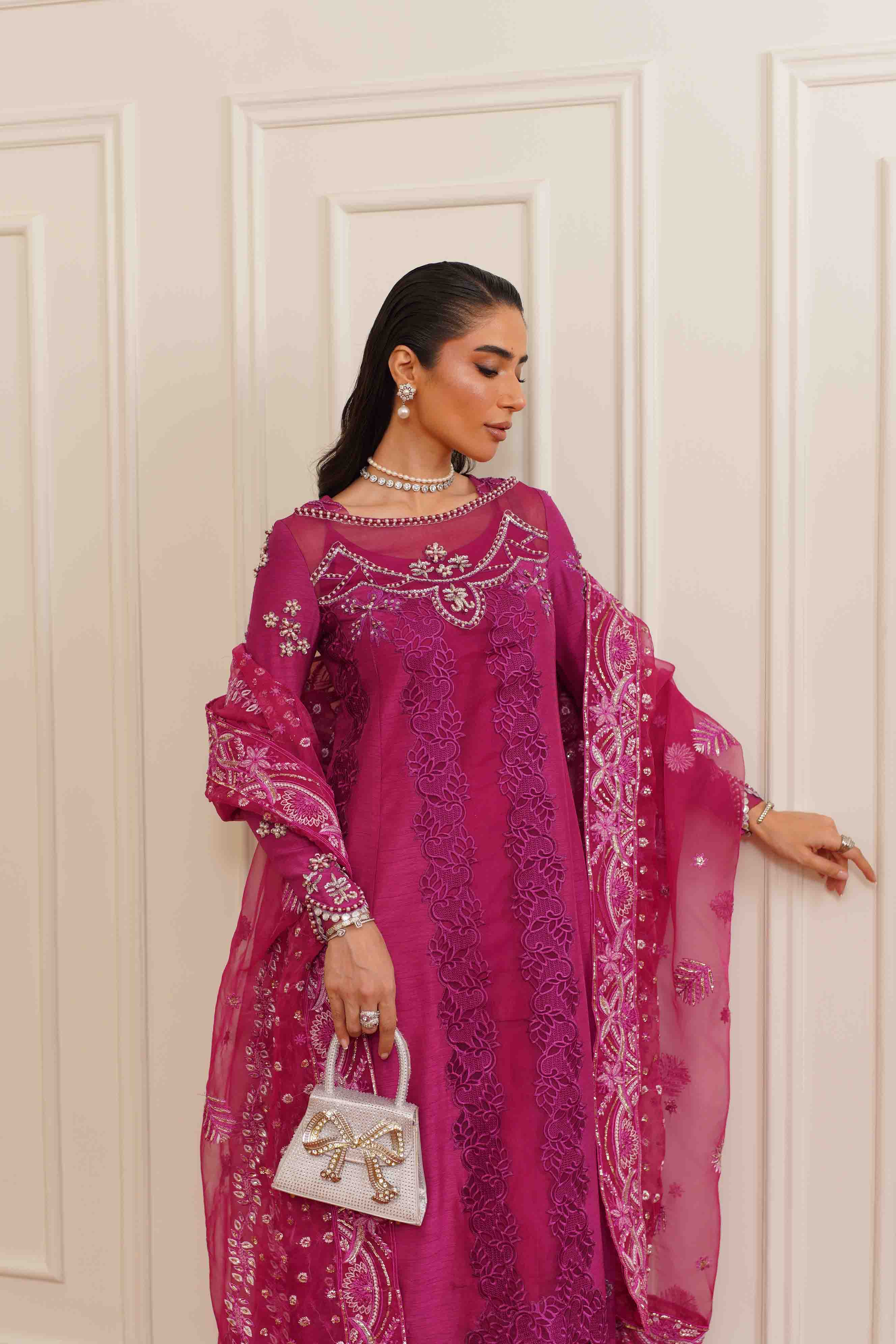 Pakistani Magenta Embroidered Premium Silk Salwar Kameez (3-Piece) - Image 4