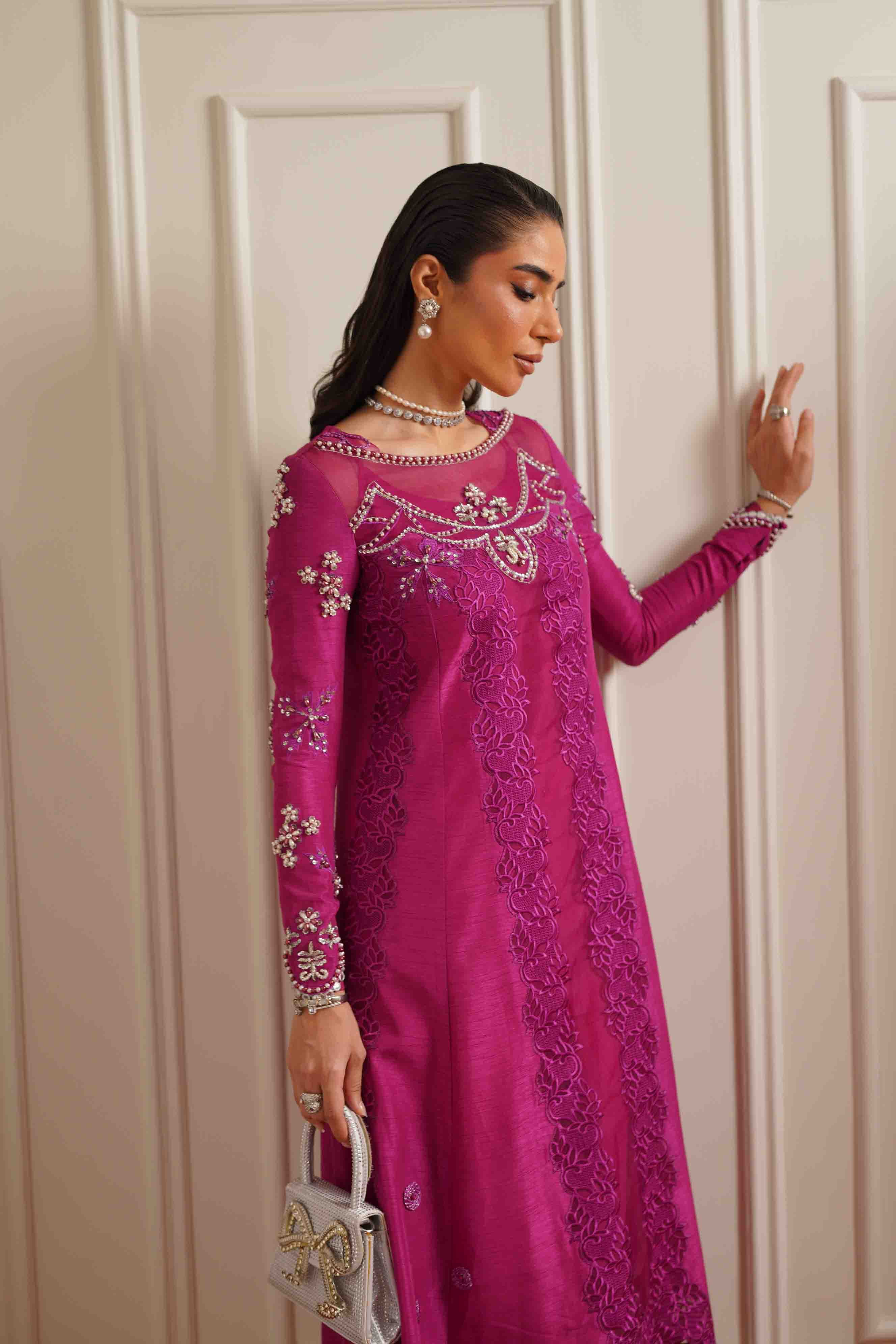 Pakistani Magenta Embroidered Premium Silk Salwar Kameez (3-Piece) - Image 5