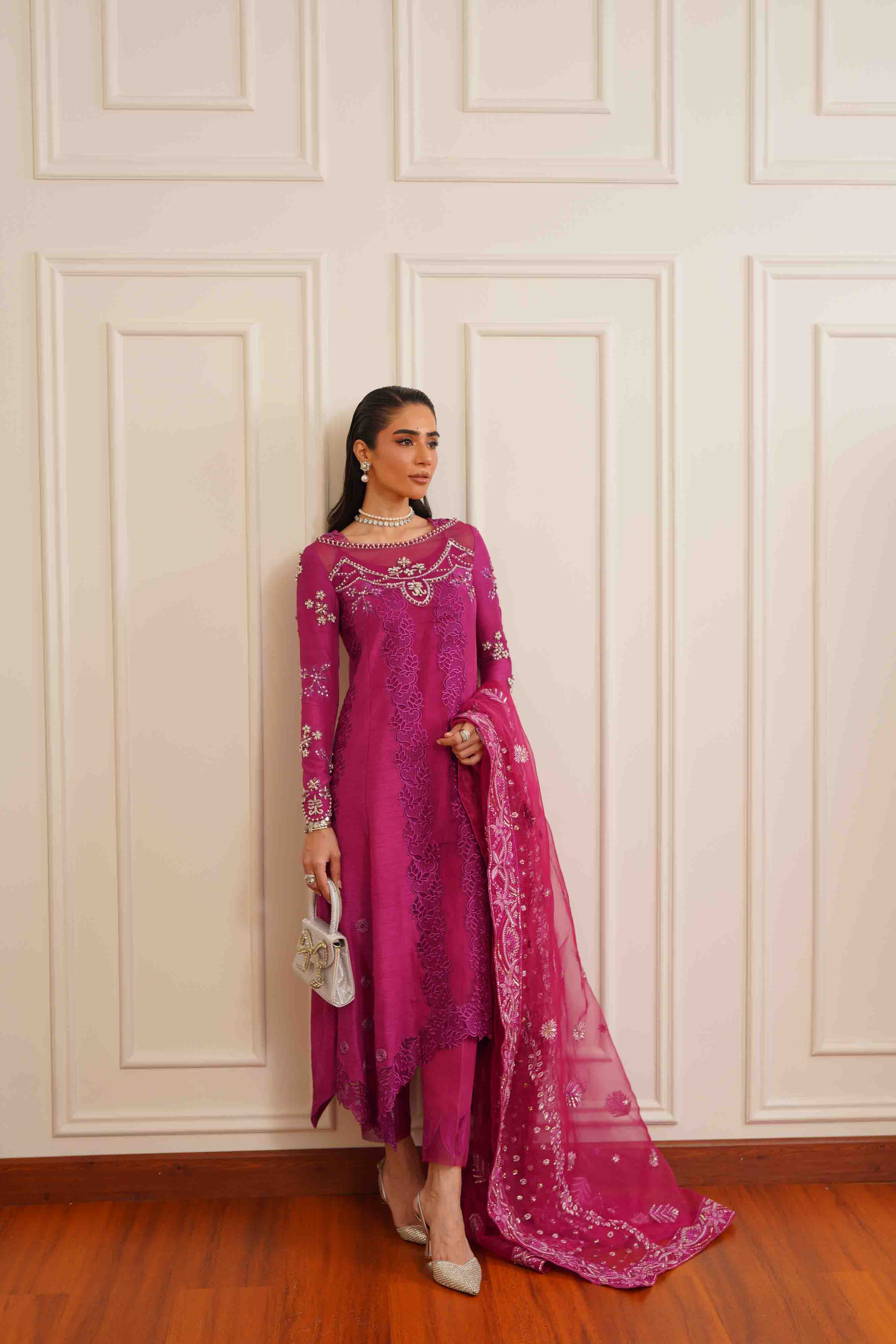 Pakistani Magenta Embroidered Premium Silk Salwar Kameez (3-Piece) - Image 7