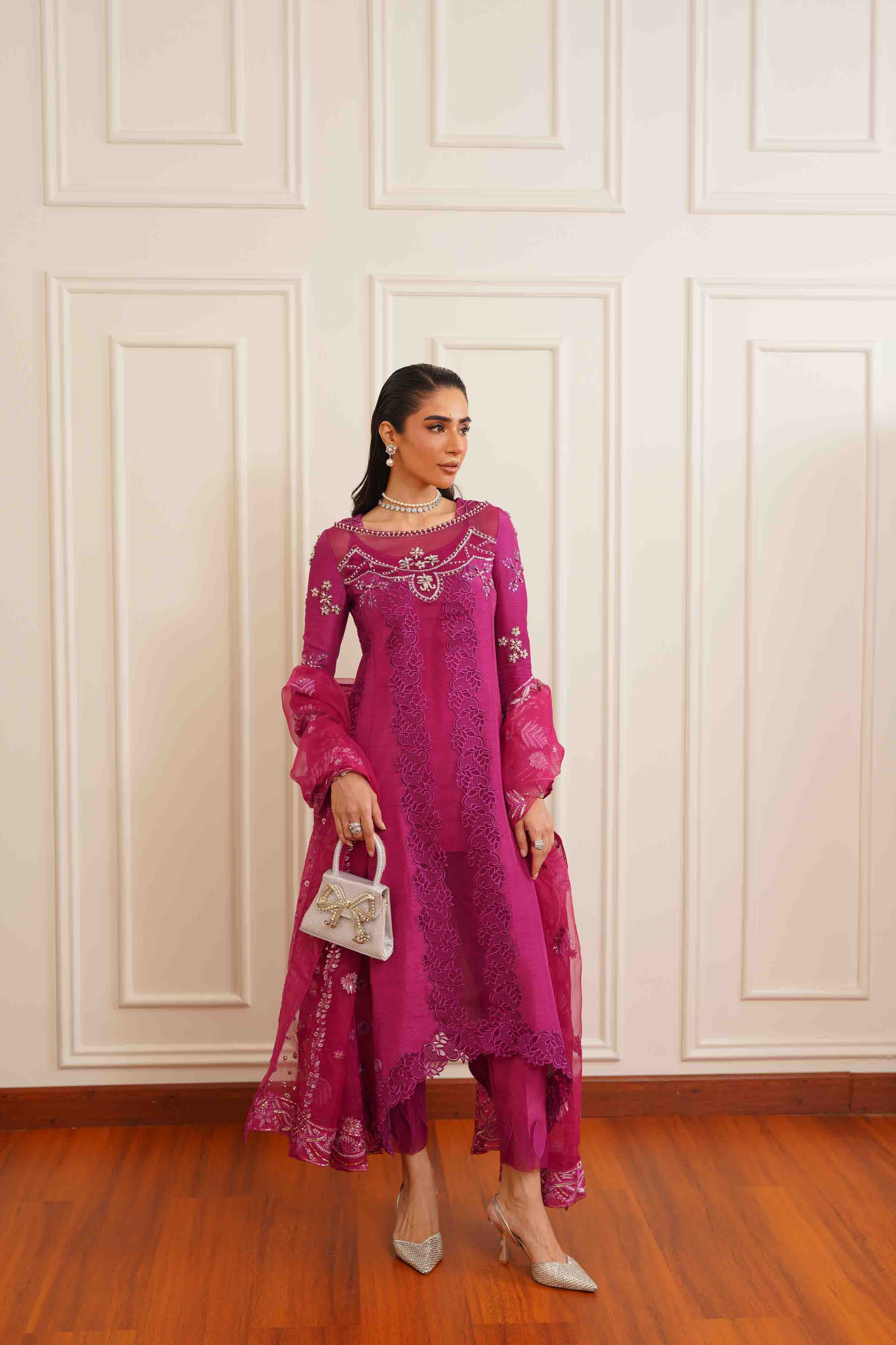 Pakistani Magenta Embroidered Premium Silk Salwar Kameez (3-Piece) - Image 8
