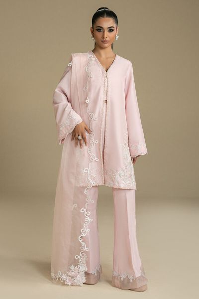 Peach Pink Embroidered Silk-Blend Salwar Kameez (3-Piece) - Image 1