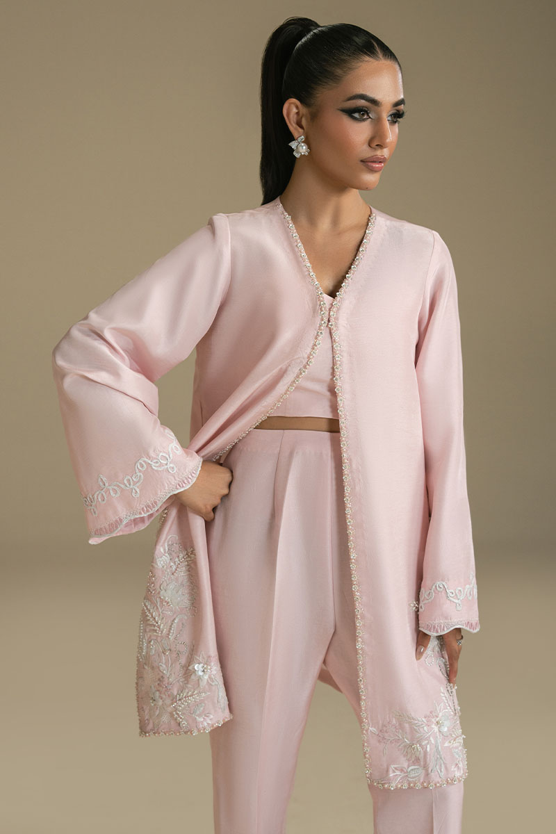 Peach Pink Embroidered Silk-Blend Salwar Kameez (3-Piece) - Image 3