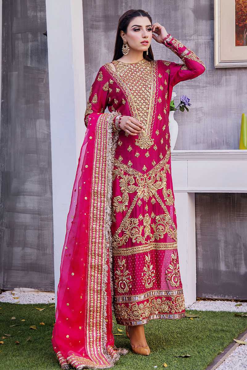 Pakistani Fuchsia Pink Embroidered Silk-Blend Salwar Kameez (3-Piece) - Image 2