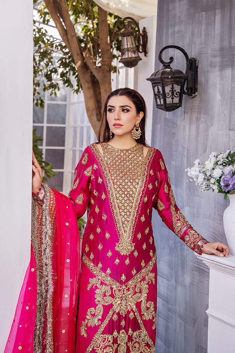 Pakistani Fuchsia Pink Embroidered Silk-Blend Salwar Kameez (3-Piece) - Image 4