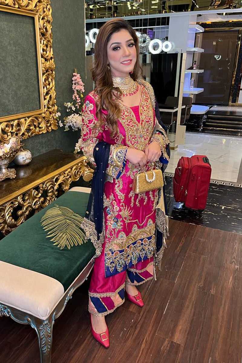 Fuchsia and Navy Embroidered Silk-Blend Salwar Kameez (3-Piece) - Image 1