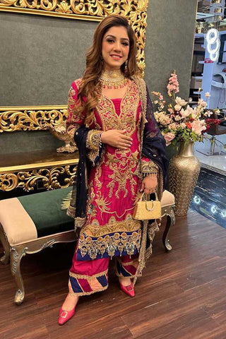 Fuchsia and Navy Embroidered Silk-Blend Salwar Kameez (3-Piece) - Image 3