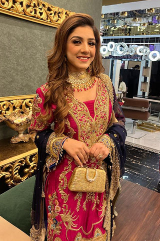 Fuchsia and Navy Embroidered Silk-Blend Salwar Kameez (3-Piece) - Image 4