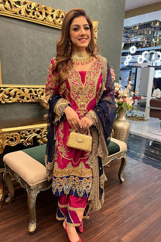 Fuchsia and Navy Embroidered Silk-Blend Salwar Kameez (3-Piece) - Image 5