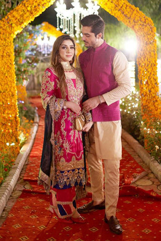 Fuchsia and Navy Embroidered Silk-Blend Salwar Kameez (3-Piece) - Image 8