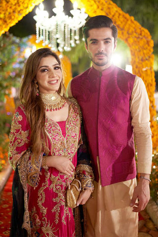 Fuchsia and Navy Embroidered Silk-Blend Salwar Kameez (3-Piece) - Image 9