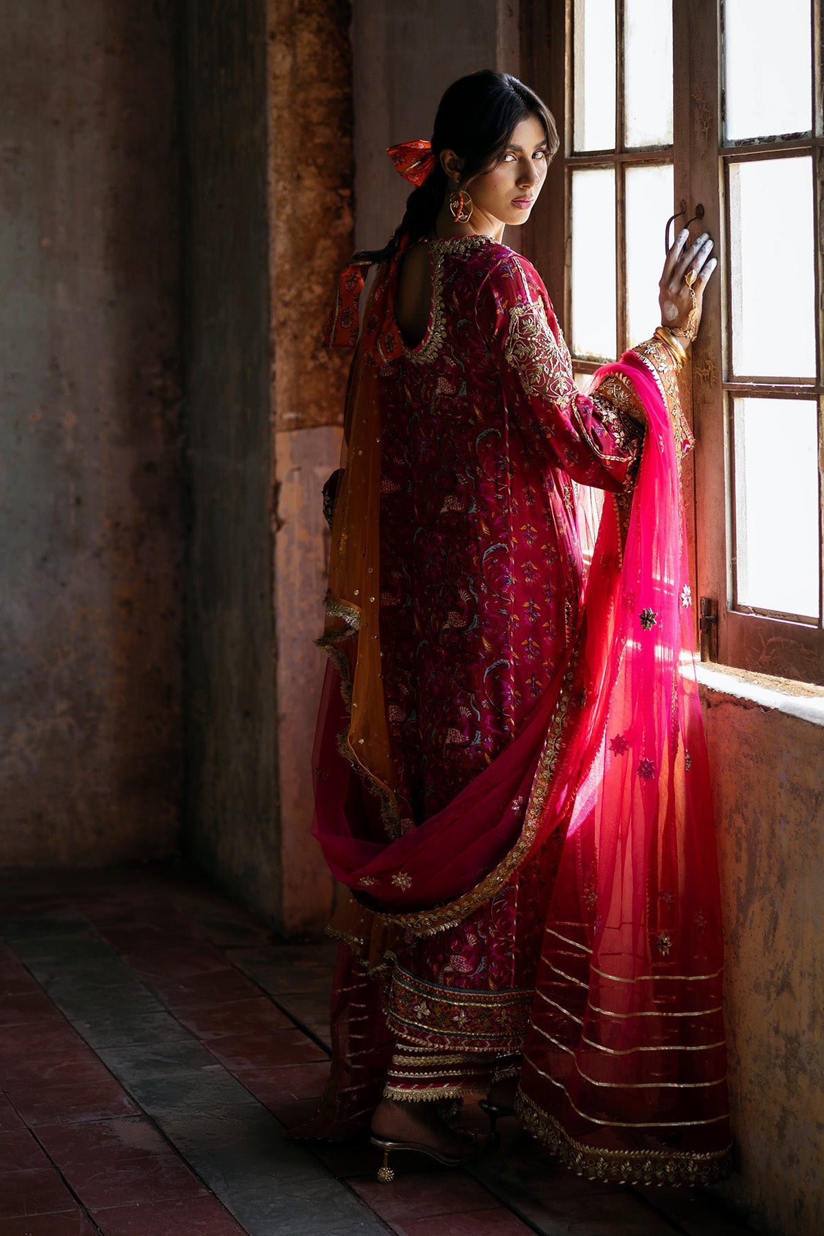 Pakistani Pink Embroidered Net Salwar Kameez (3-Piece) - Image 1