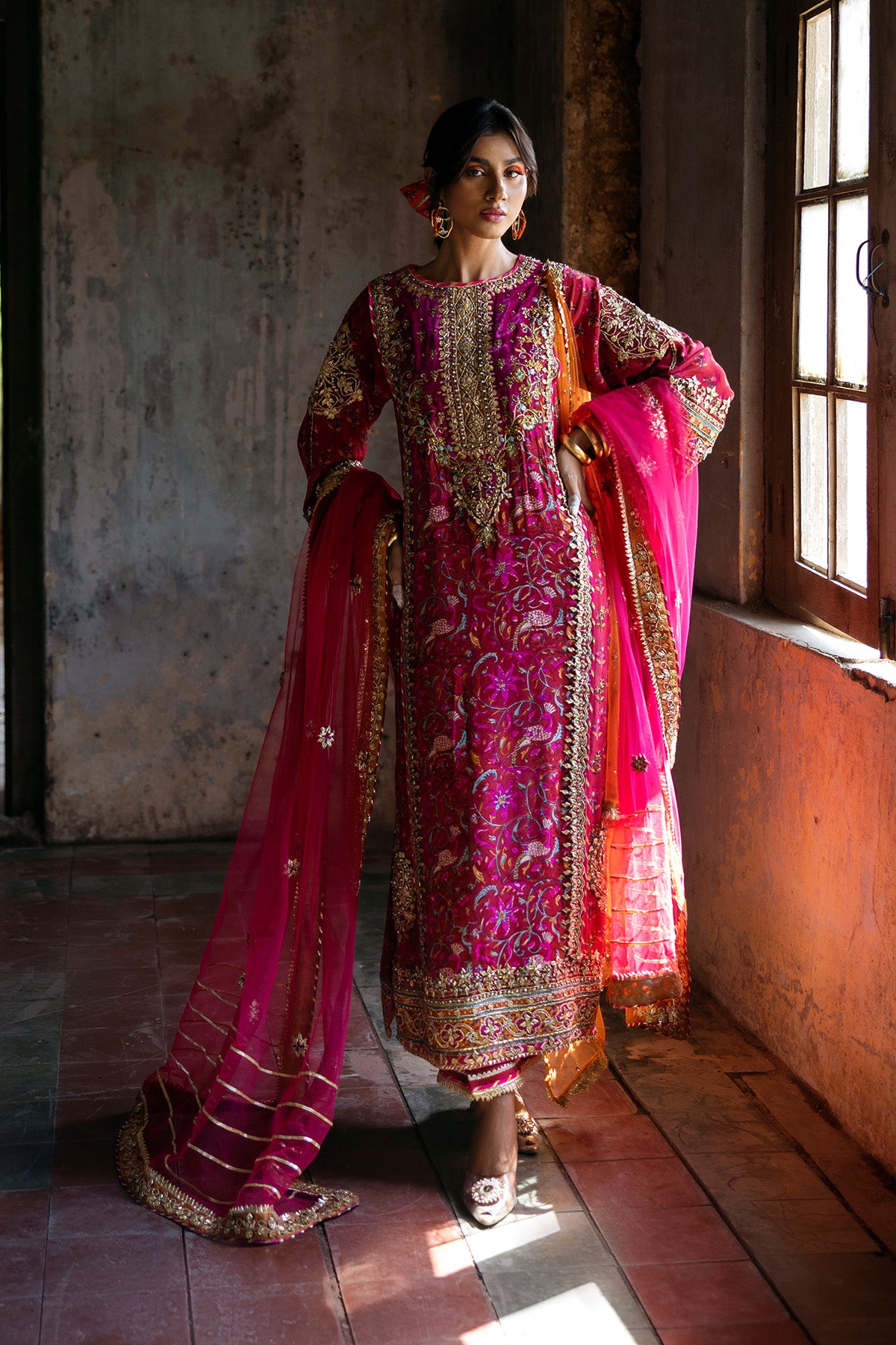 Pakistani Pink Embroidered Net Salwar Kameez (3-Piece) - Image 2