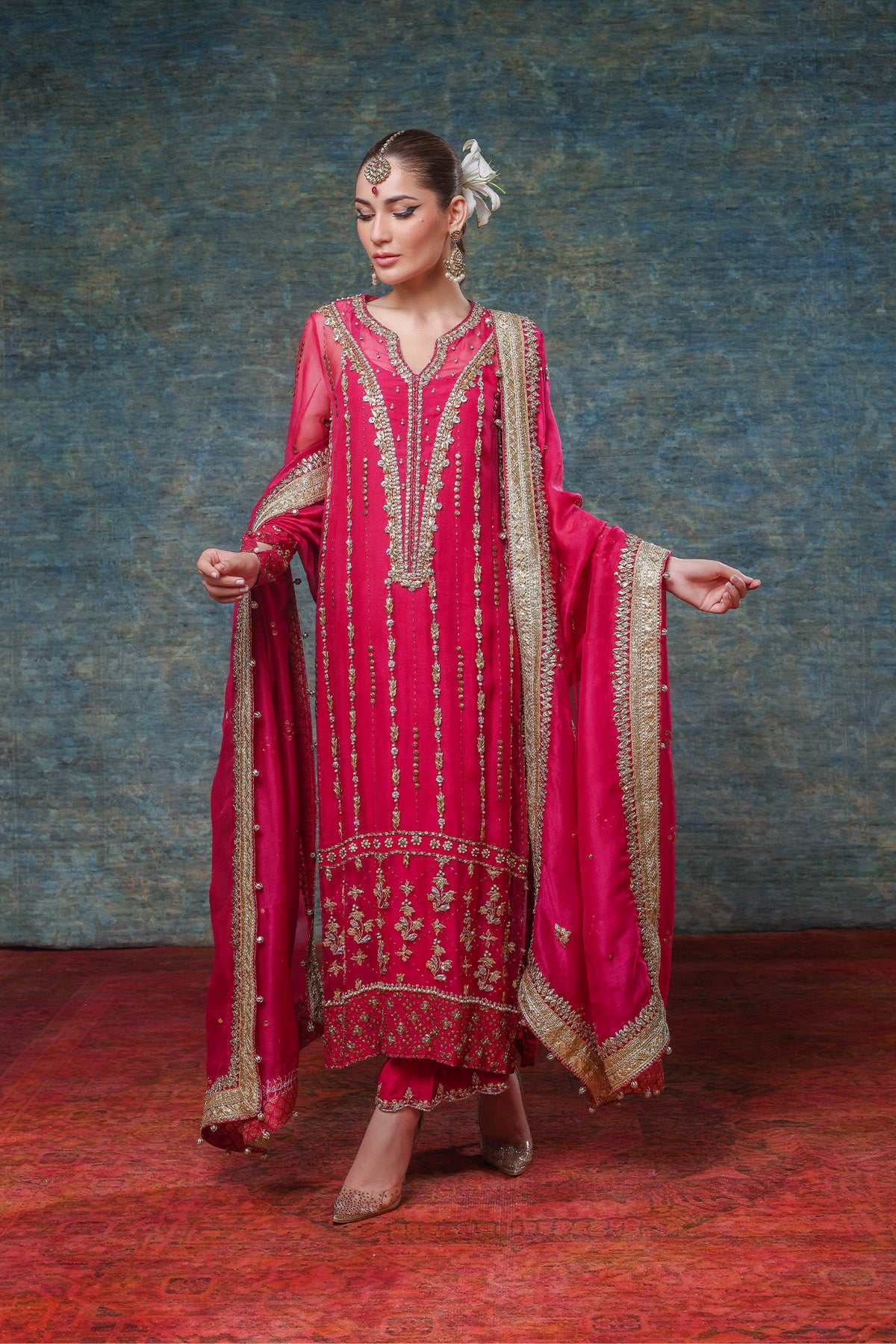 Pakistani Hot Pink Mukesh Gota Organza Salwar Kameez (3-Piece) - Image 1