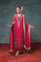 Pakistani Hot Pink Mukesh Gota Organza Salwar Kameez (3-Piece) - Image 2