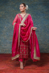 Pakistani Hot Pink Mukesh Gota Organza Salwar Kameez (3-Piece) - Image 3