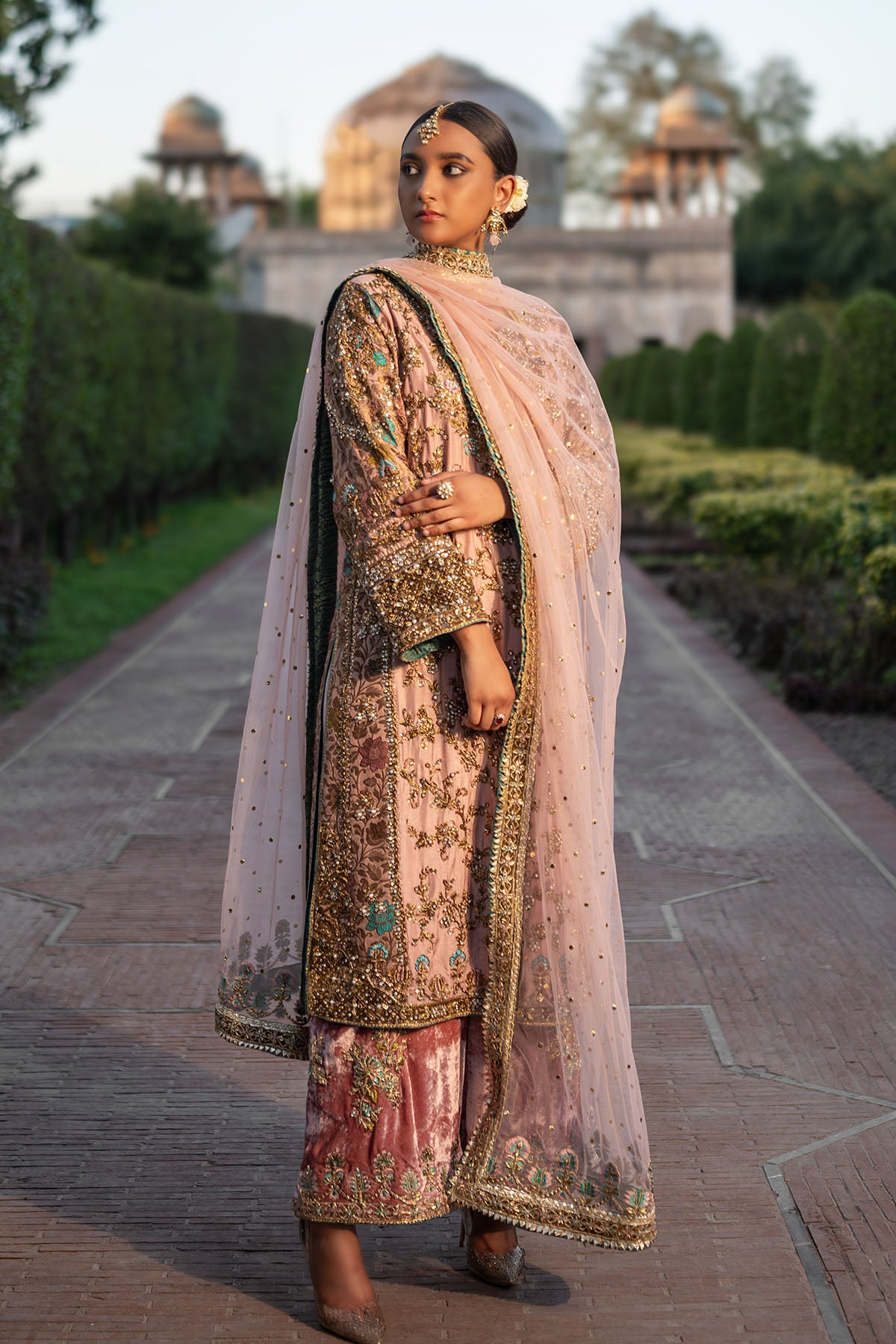 Pakistani Tea Pink Embellished Net & Velvet Salwar Kameez (3-Piece) - Image 1