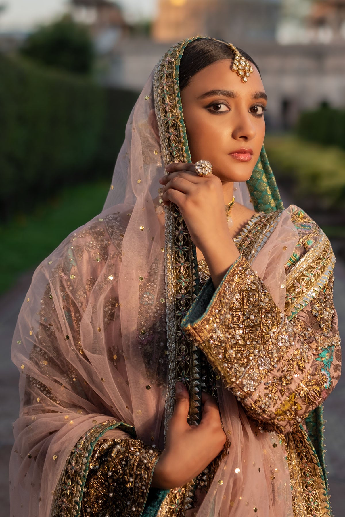 Pakistani Tea Pink Embellished Net & Velvet Salwar Kameez (3-Piece) - Image 2