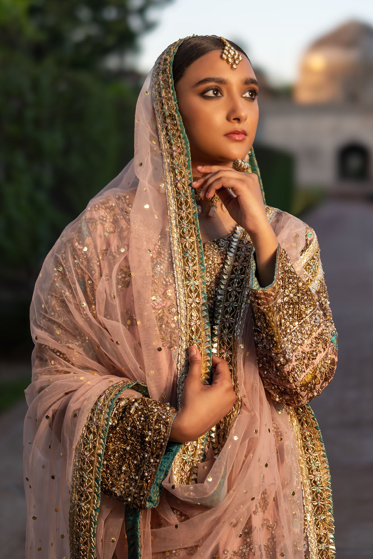 Pakistani Tea Pink Embellished Net & Velvet Salwar Kameez (3-Piece) - Image 3