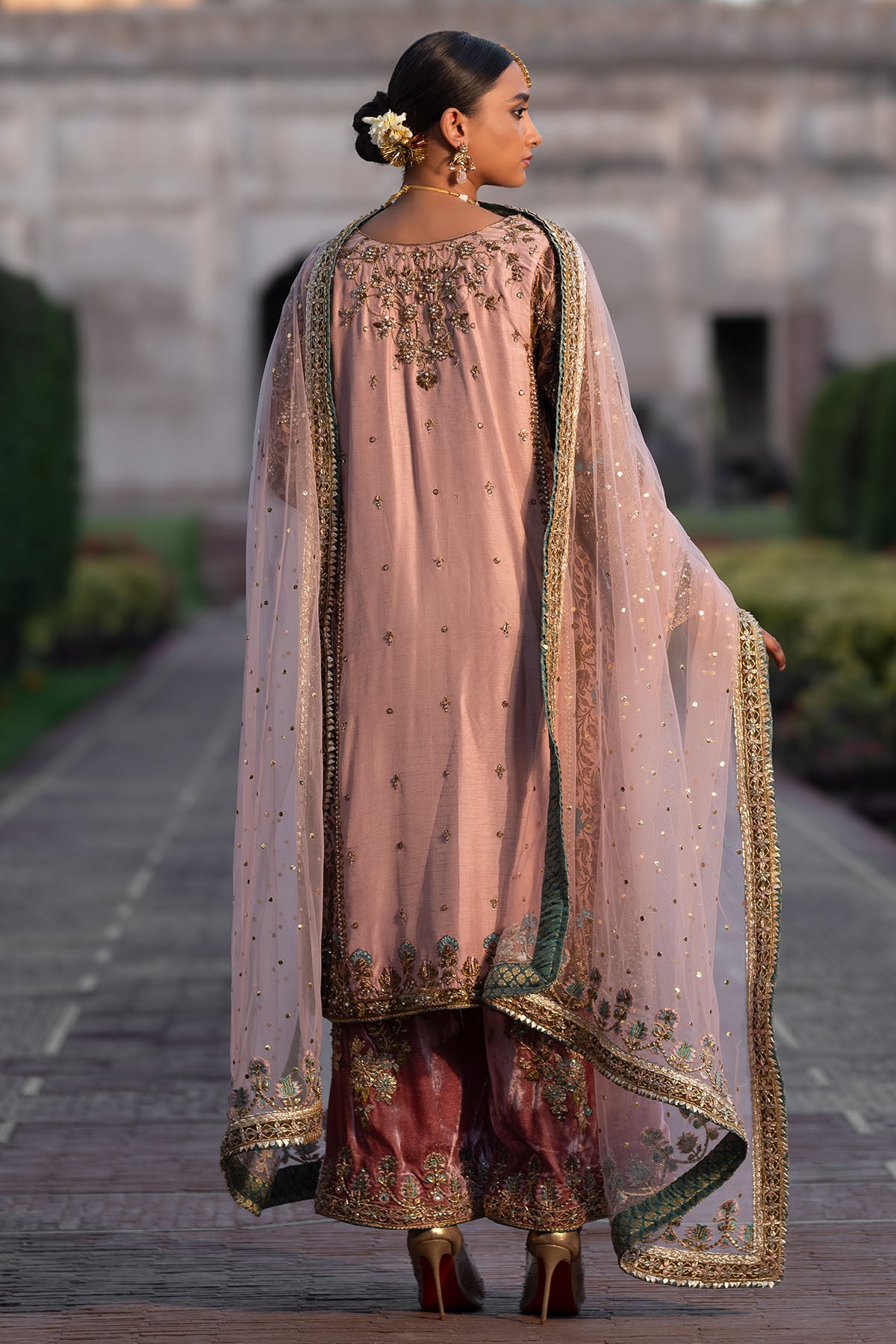 Pakistani Tea Pink Embellished Net & Velvet Salwar Kameez (3-Piece) - Image 4