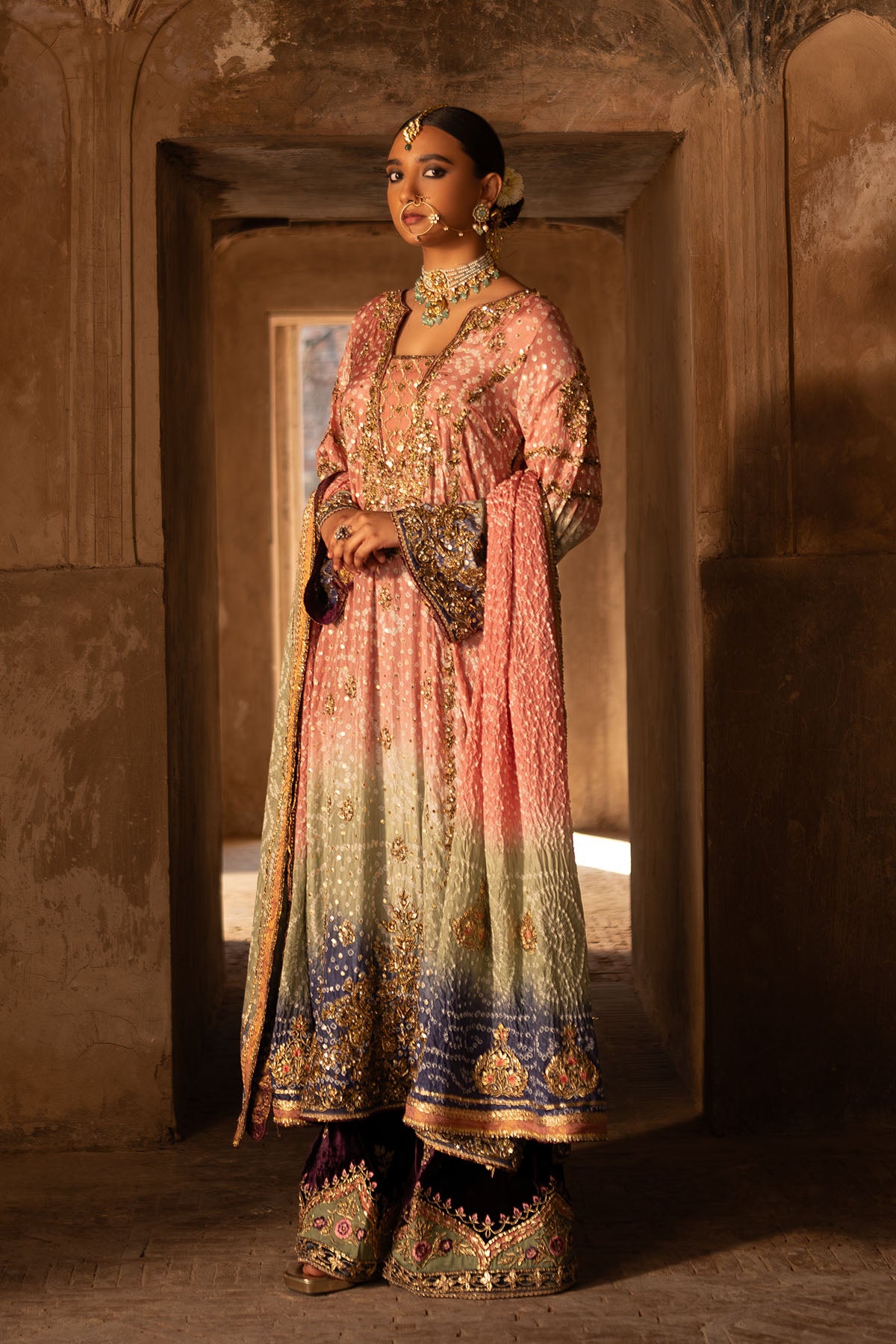 Pakistani Shaded Pink Zardozi Silk Chunri Kameez (3-Piece) - Image 1