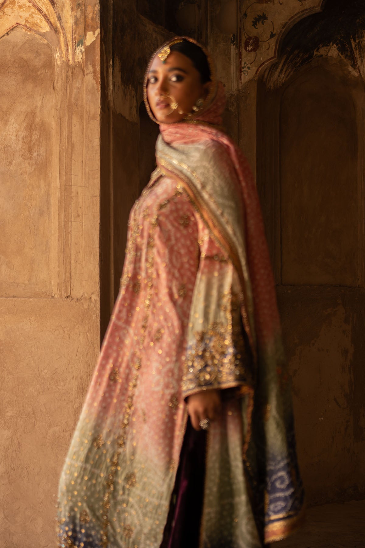 Pakistani Shaded Pink Zardozi Silk Chunri Kameez (3-Piece) - Image 4