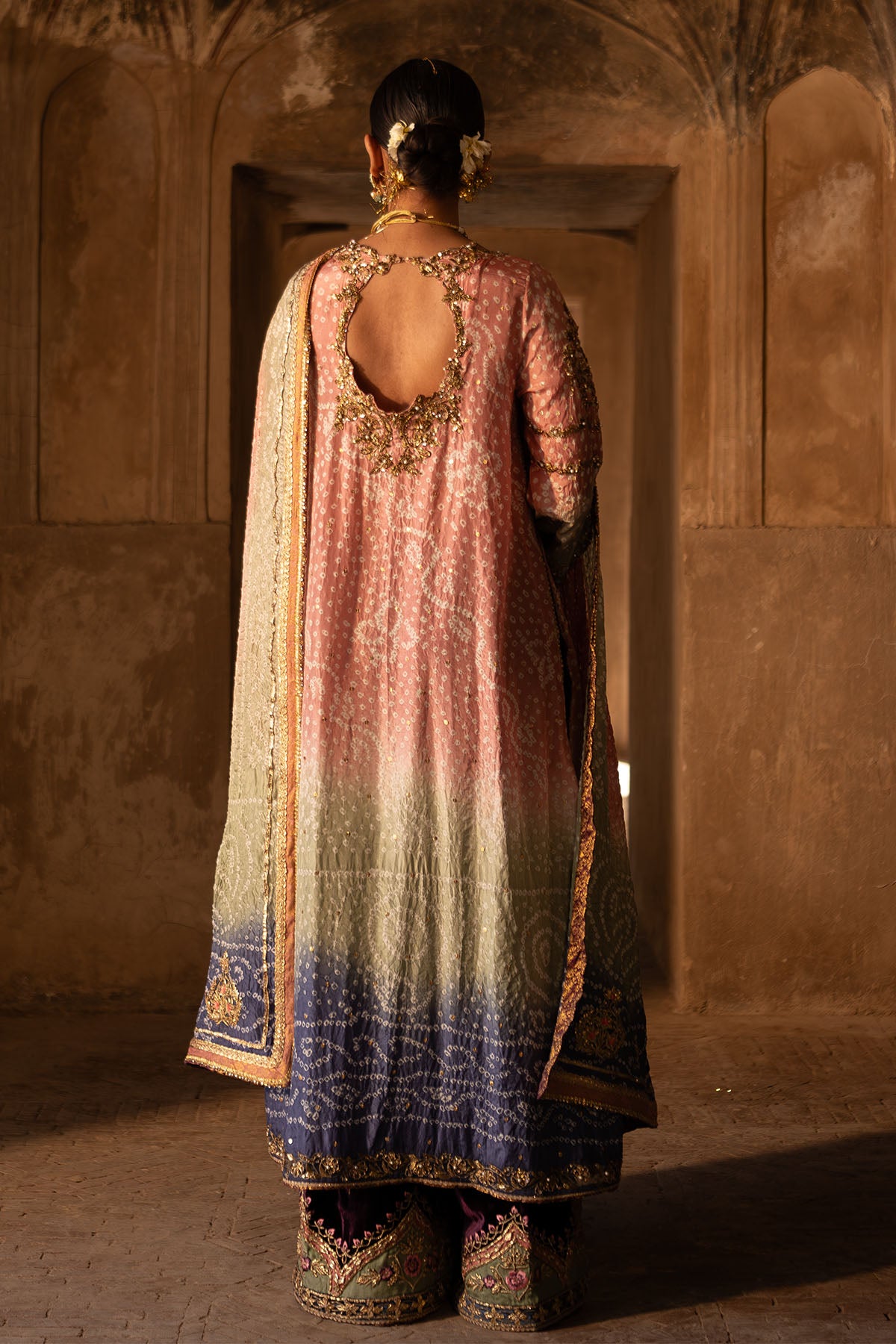 Pakistani Shaded Pink Zardozi Silk Chunri Kameez (3-Piece) - Image 5