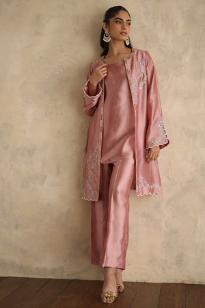 Tea Pink Embroidered Silk Jacket Set (3-Piece) - Image 5