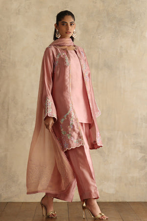 Pakistani Tea Pink Embroidered Silk Jacket Set (3-Piece) - Image 1