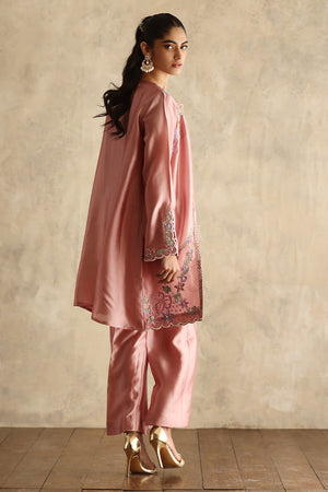 Pakistani Tea Pink Embroidered Silk Jacket Set (3-Piece) - Image 2