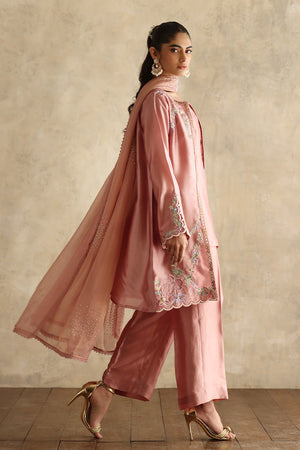 Pakistani Tea Pink Embroidered Silk Jacket Set (3-Piece) - Image 3