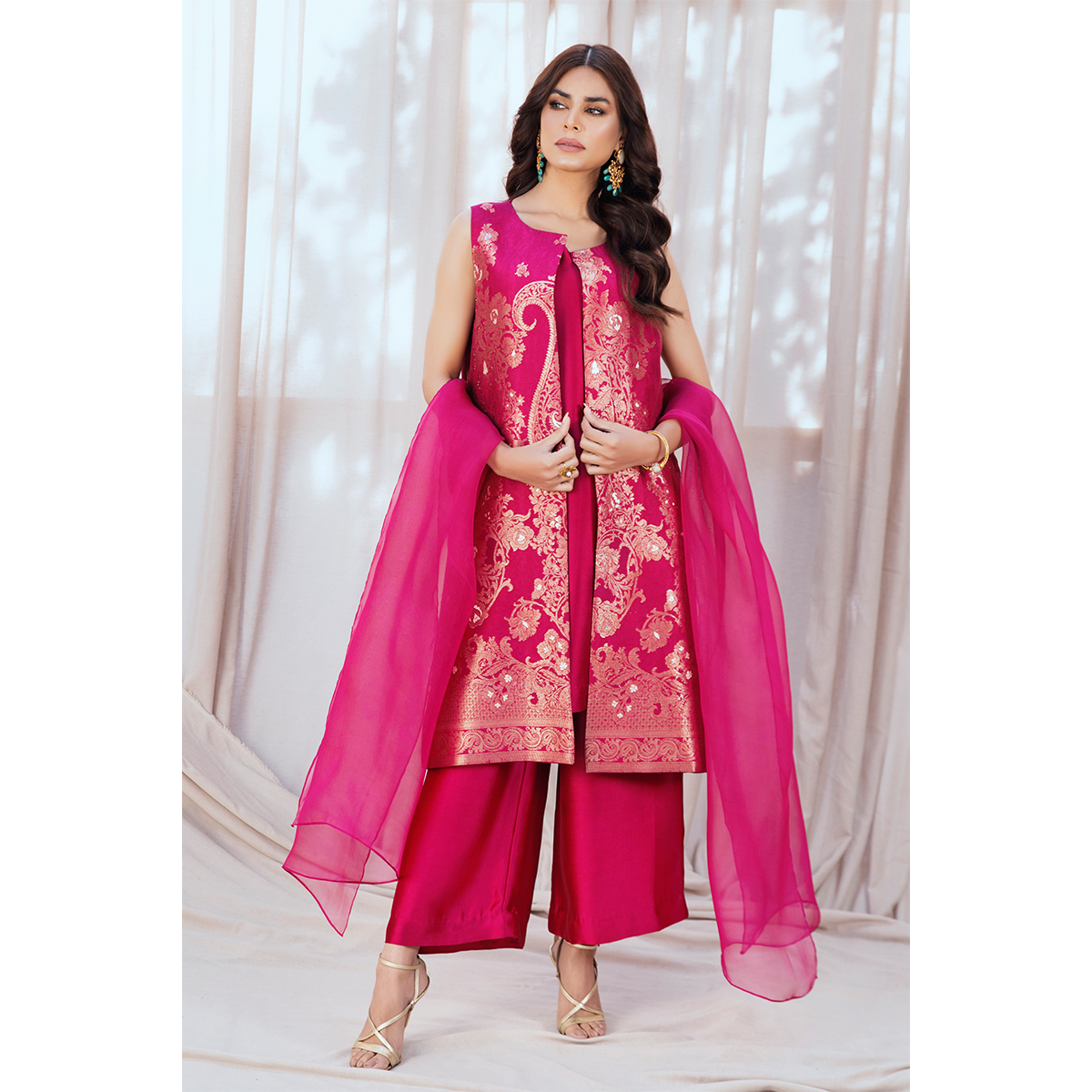 Berry Pink Gold Brocade Silk Jacket Set (4-Piece) - Image 1
