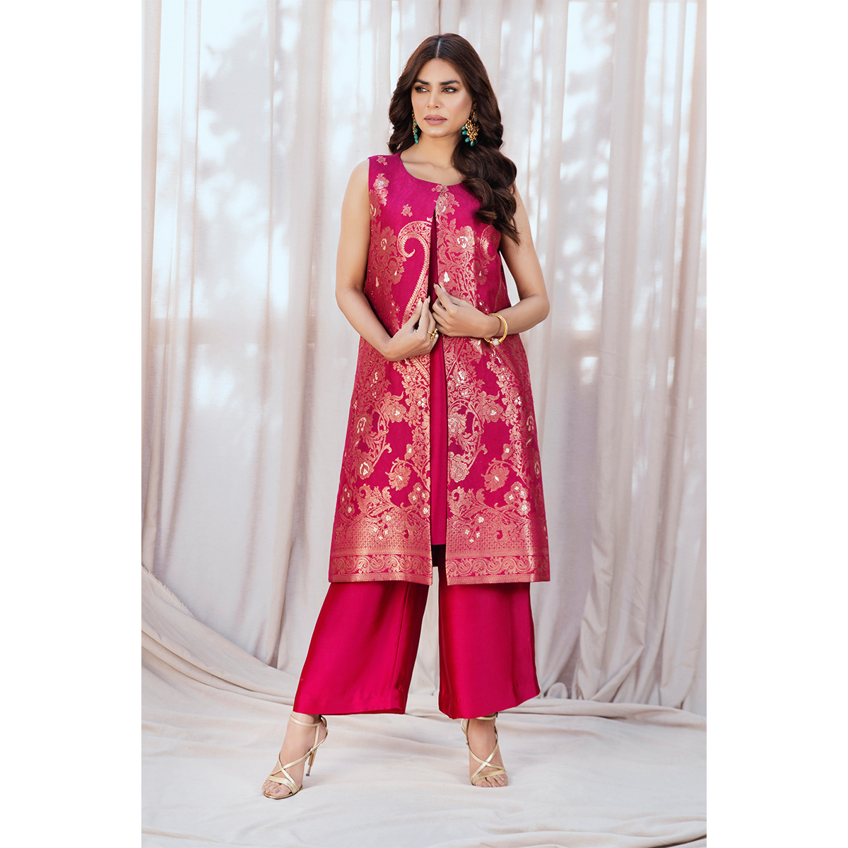 Berry Pink Gold Brocade Silk Jacket Set (4-Piece) - Image 2