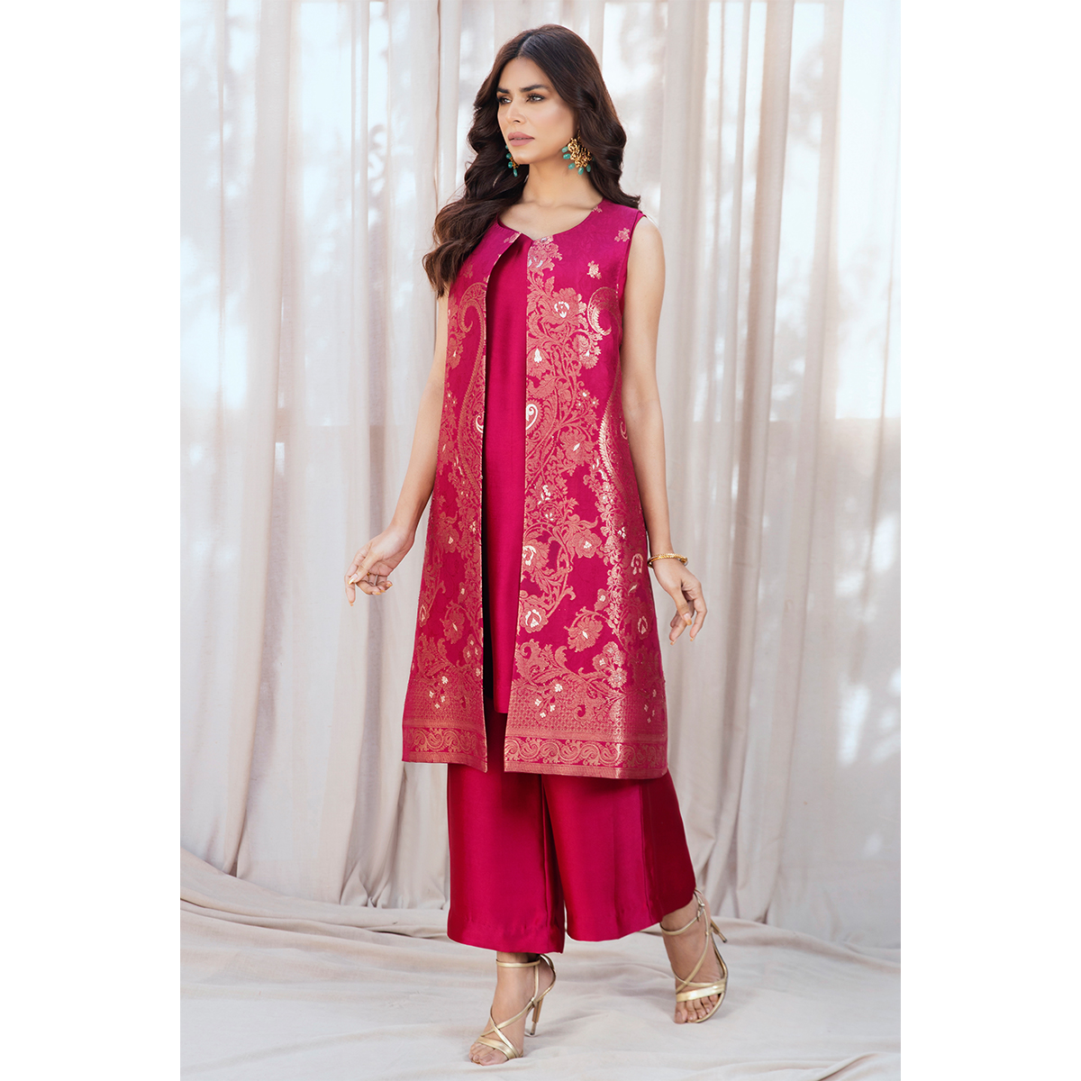 Berry Pink Gold Brocade Silk Jacket Set (4-Piece) - Image 3