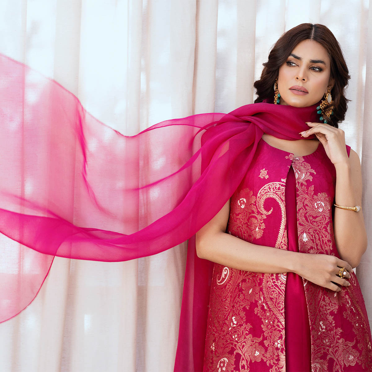 Berry Pink Gold Brocade Silk Jacket Set (4-Piece) - Image 4