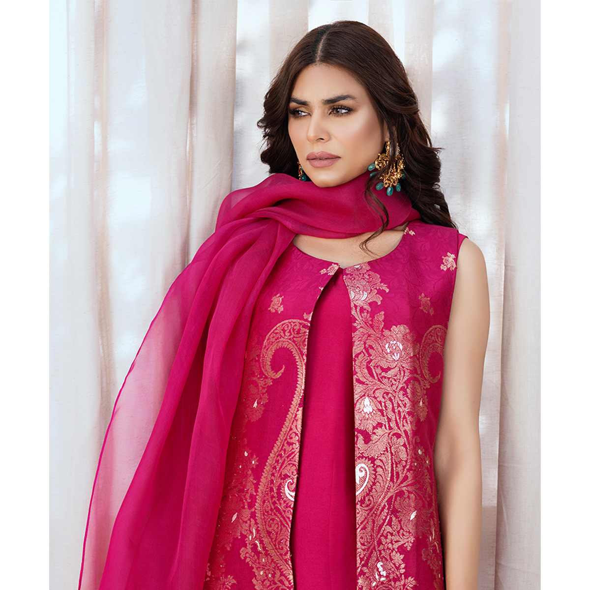 Berry Pink Gold Brocade Silk Jacket Set (4-Piece) - Image 5