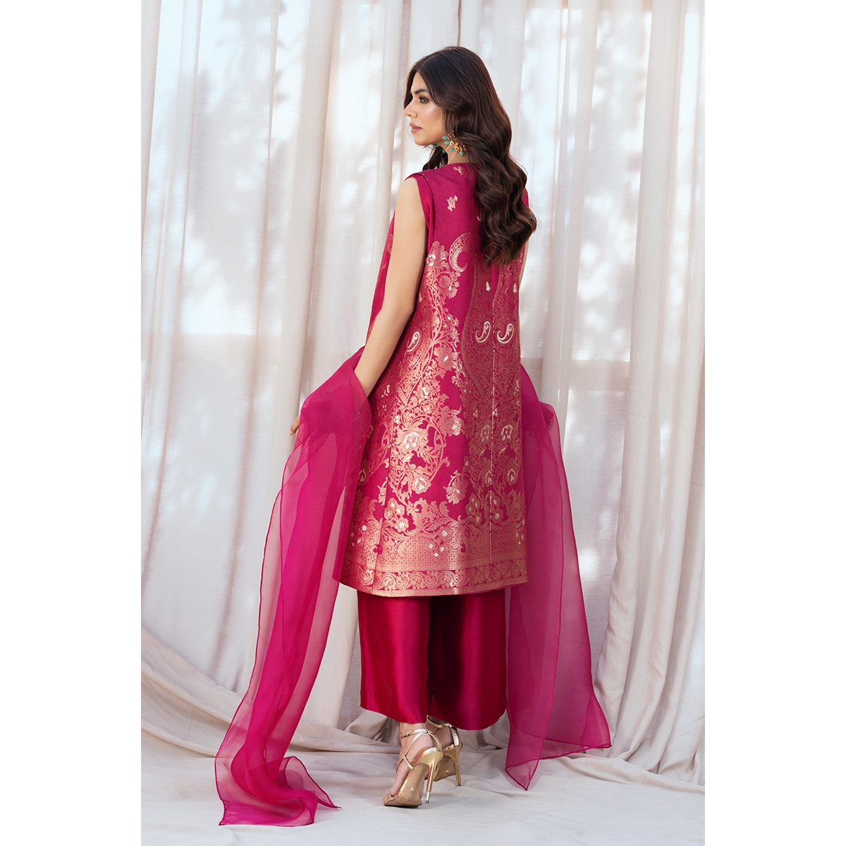 Berry Pink Gold Brocade Silk Jacket Set (4-Piece) - Image 6