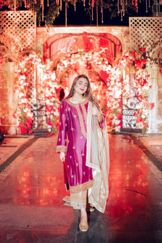 Magenta Embroidered Silk Salwar Kameez (3-Piece) - Image 2